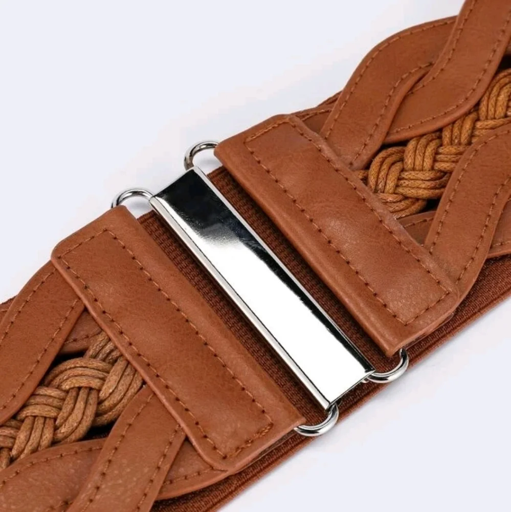 Brown Faux Leather Elastic Braided Wide Waist Belt Boho Cottagecore statement